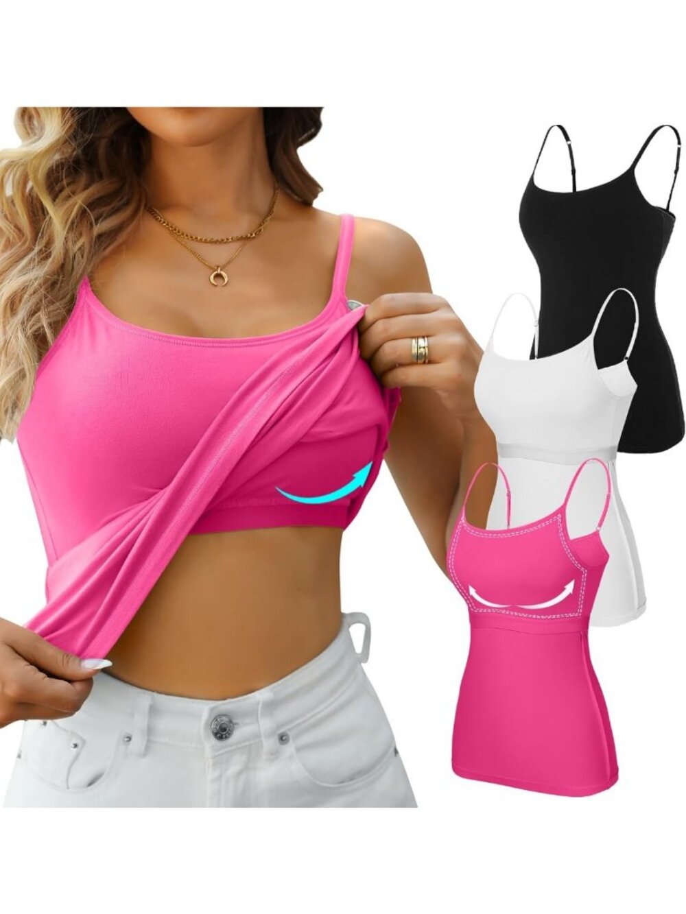 Stylish Women's Cotton Camisole Tank Tops with Shelf Bra - 3 Pack Unpadded